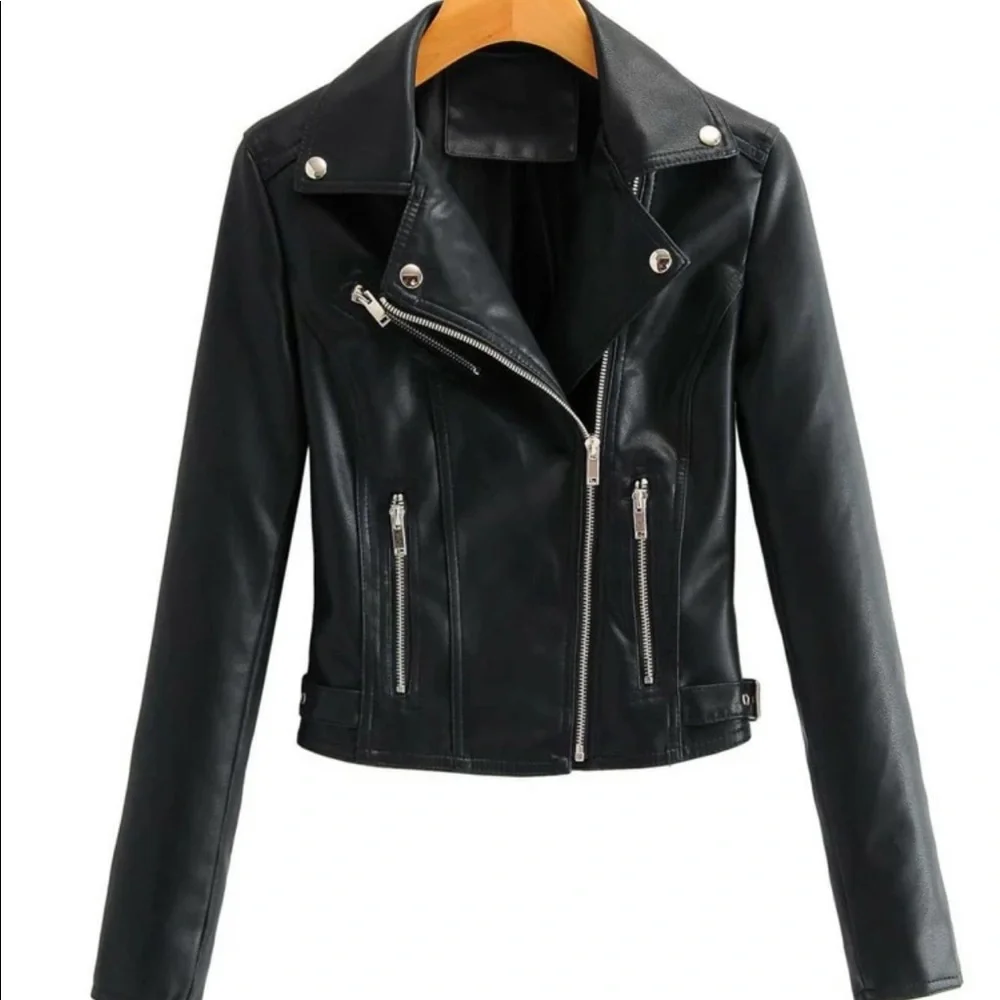black leather moto jacket vegan biker motorcycle - Picture 1 of 3